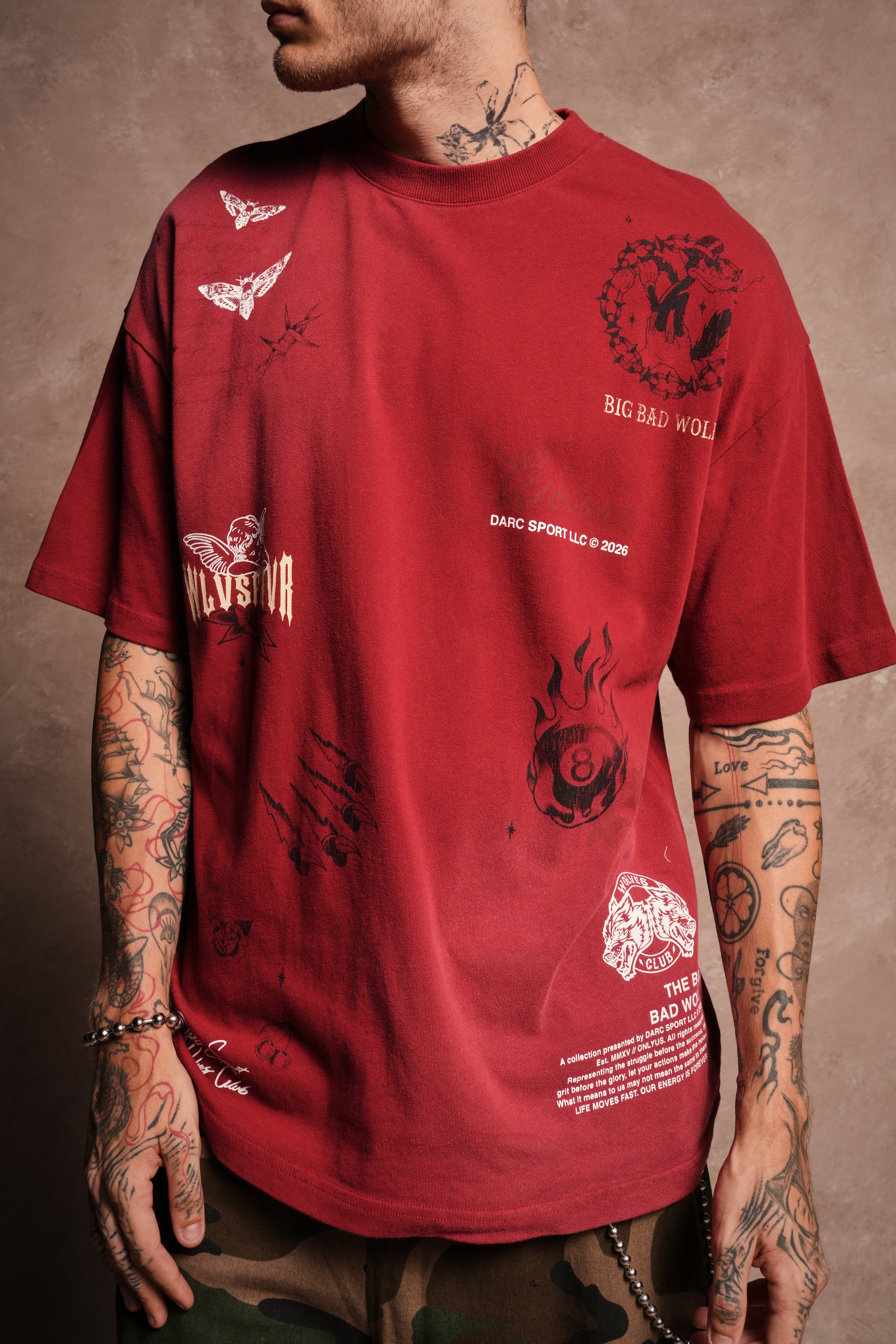 Big Bad Wolves Premium Oversized Tee in Carmine Red Sun Fade