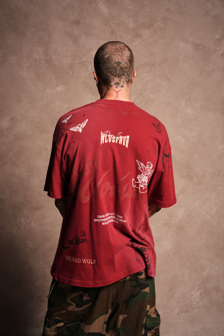 Big Bad Wolves Premium Oversized Tee in Carmine Red Sun Fade