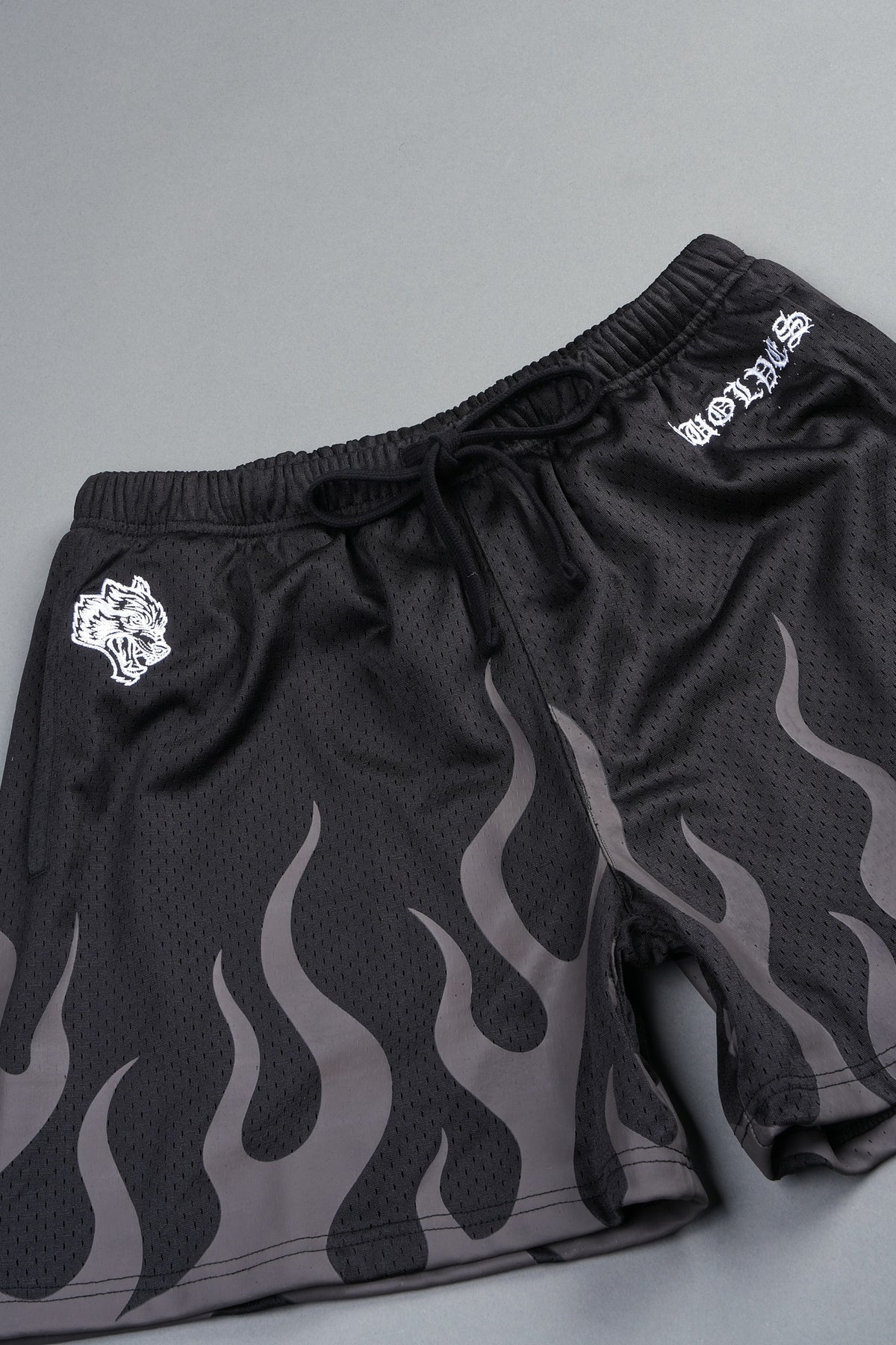On Fire Applique Mesh Shorts In Black