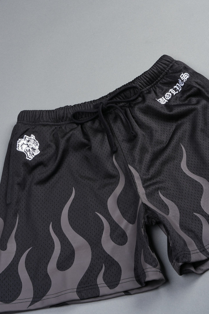 On Fire Applique Mesh Shorts In Black