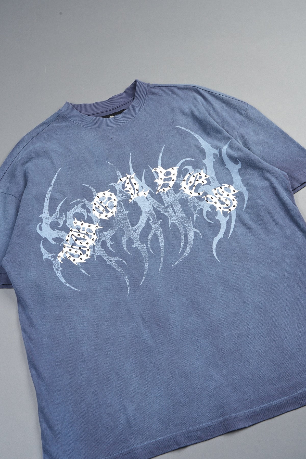 Studded Mantra Premium Oversized Tee In Storm Blue Super Sun Fade