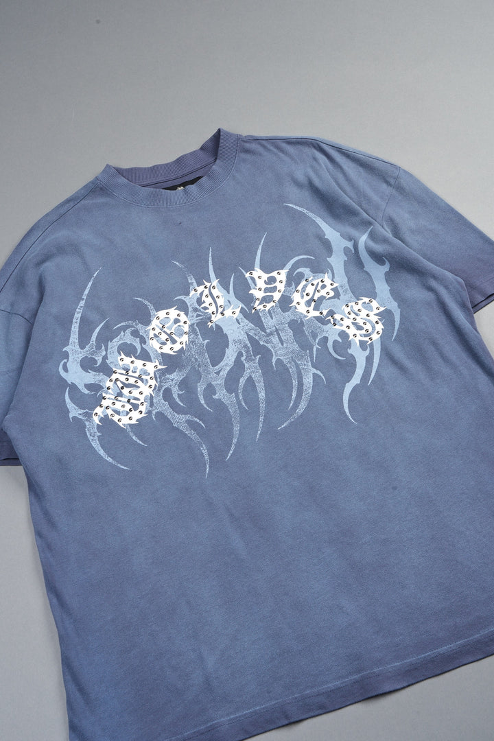 Studded Mantra Premium Oversized Tee In Storm Blue Super Sun Fade