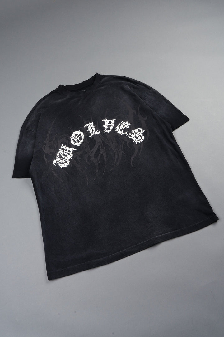 Studded Mantra Premium Oversized Tee In Black Super Sun Fade