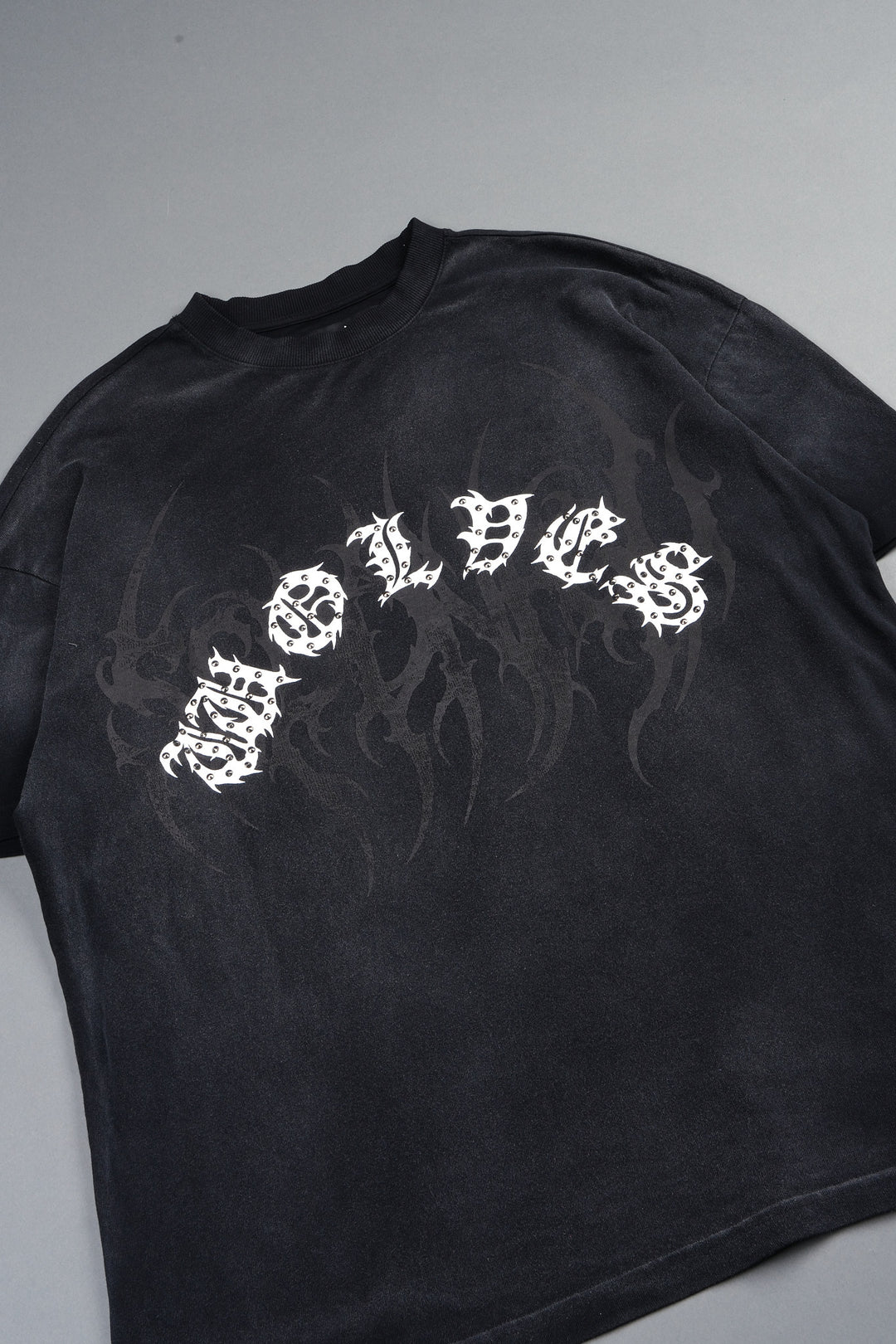Studded Mantra Premium Oversized Tee In Black Super Sun Fade
