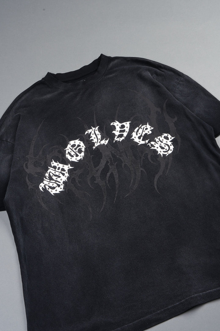 Studded Mantra Premium Oversized Tee In Black Super Sun Fade