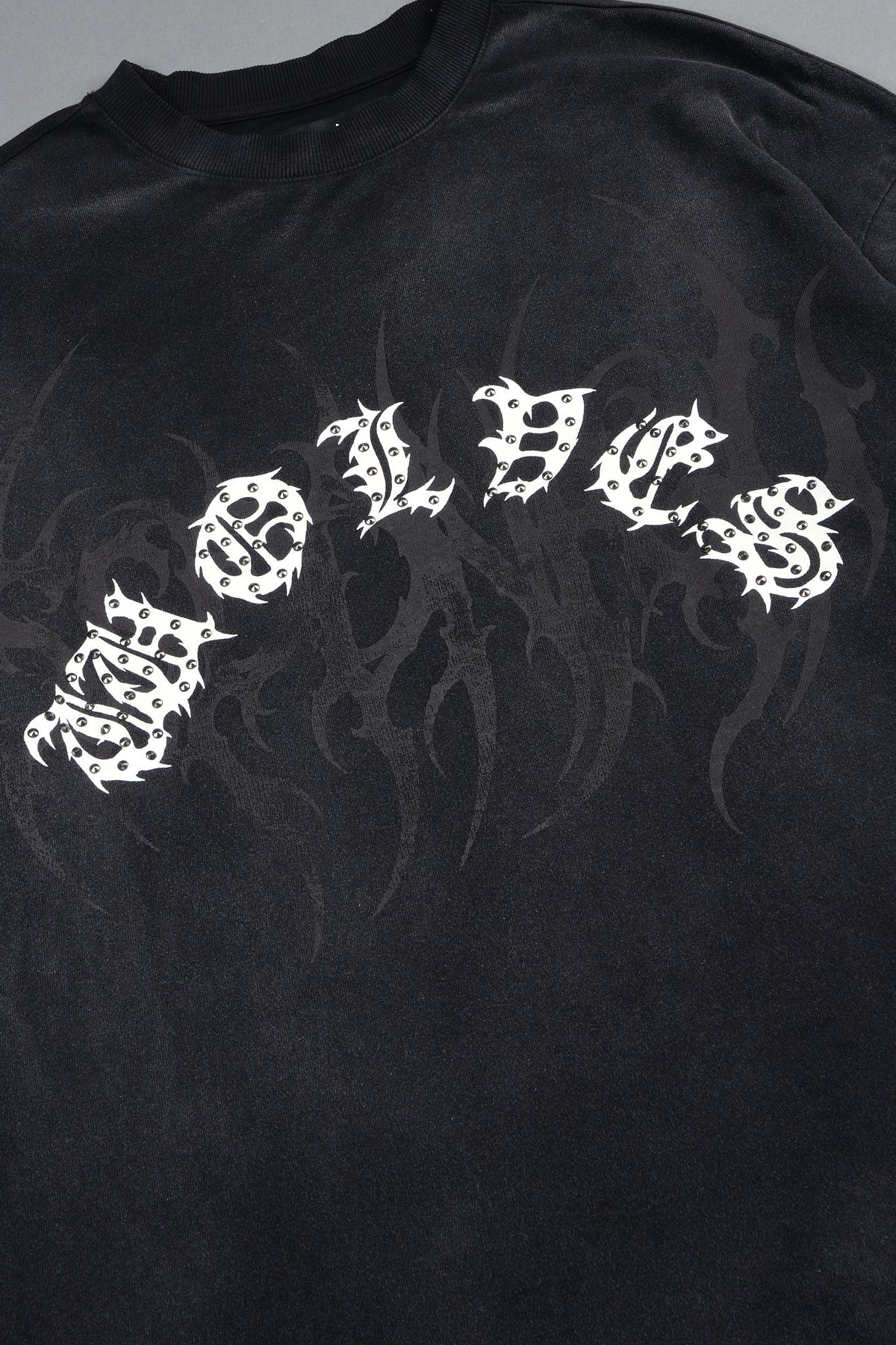 Studded Mantra Premium Oversized Tee In Black Super Sun Fade
