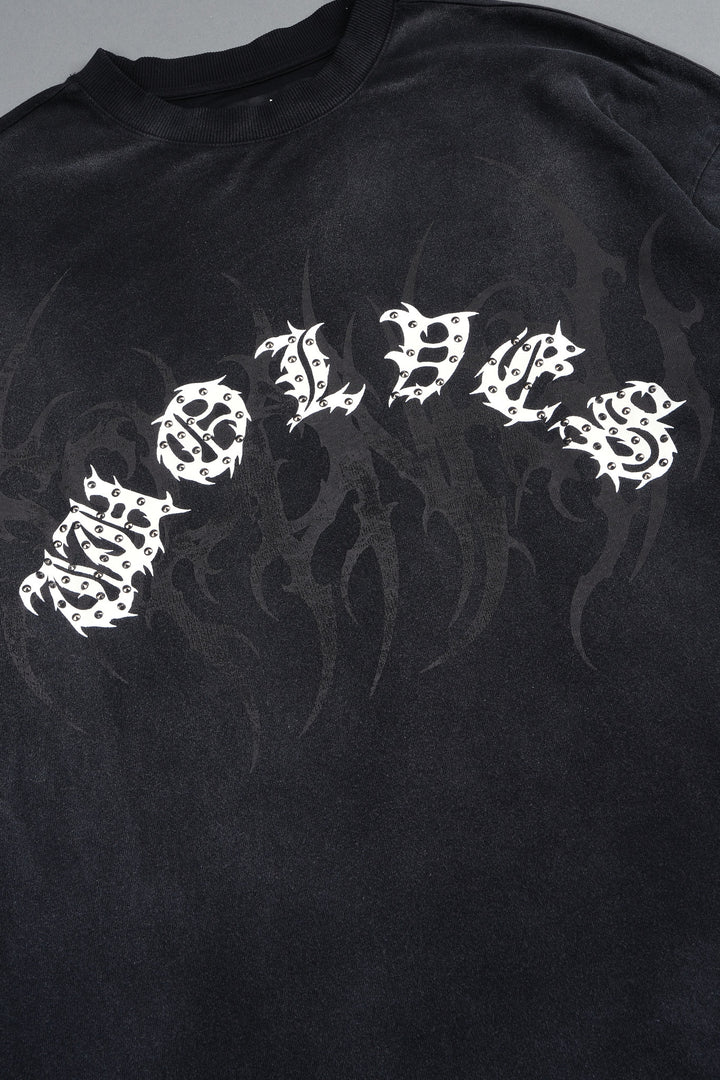 Studded Mantra Premium Oversized Tee In Black Super Sun Fade