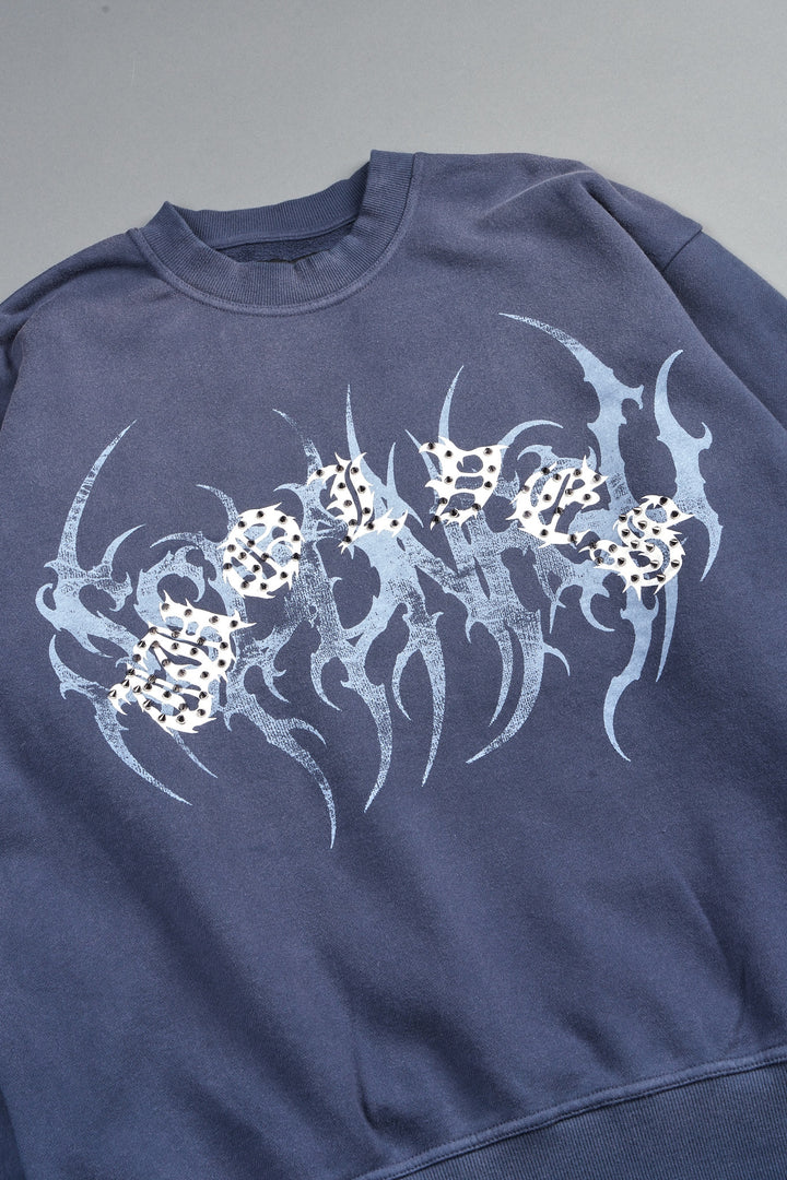 Studded Mantra London Crewneck In Storm Blue Super Sun Fade