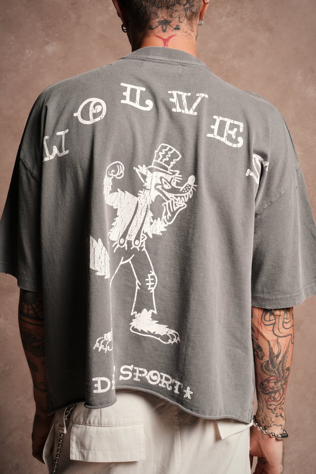 Big Bad Wolf Pyramd Distressed Grunge Box Cut Tee V2 in Slate Gray