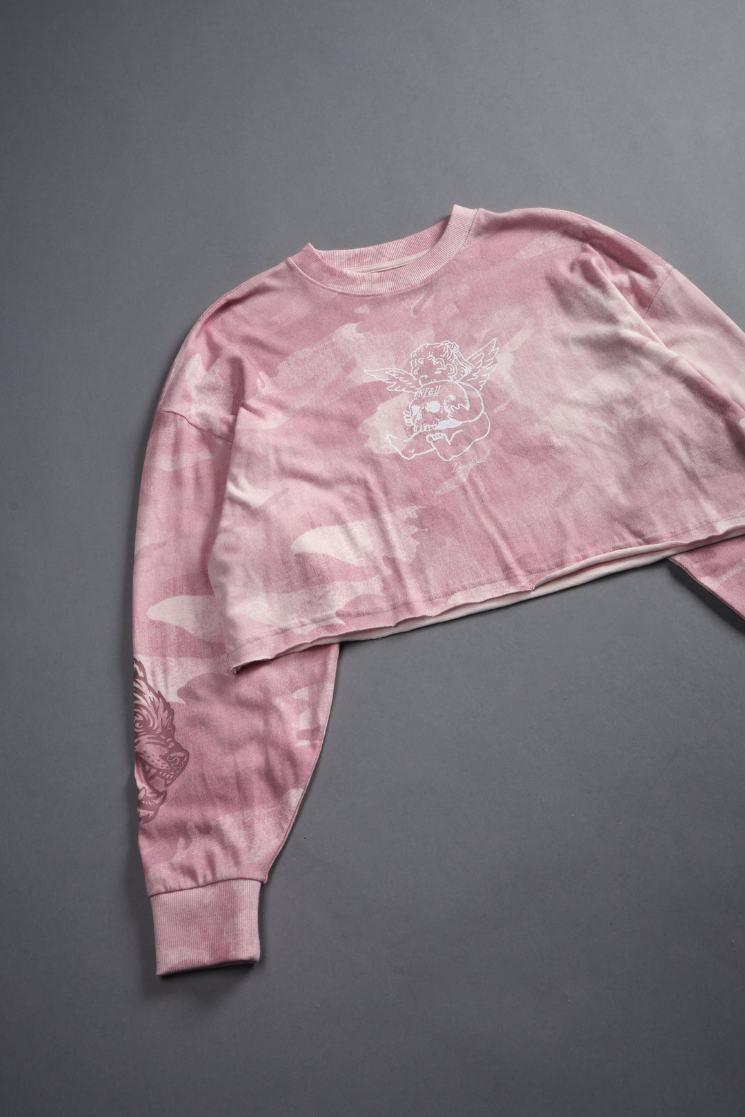 Cherub and the Skull "Premium" Oversized Cropped L/S Tee in Blush Vintage Woodland Camo