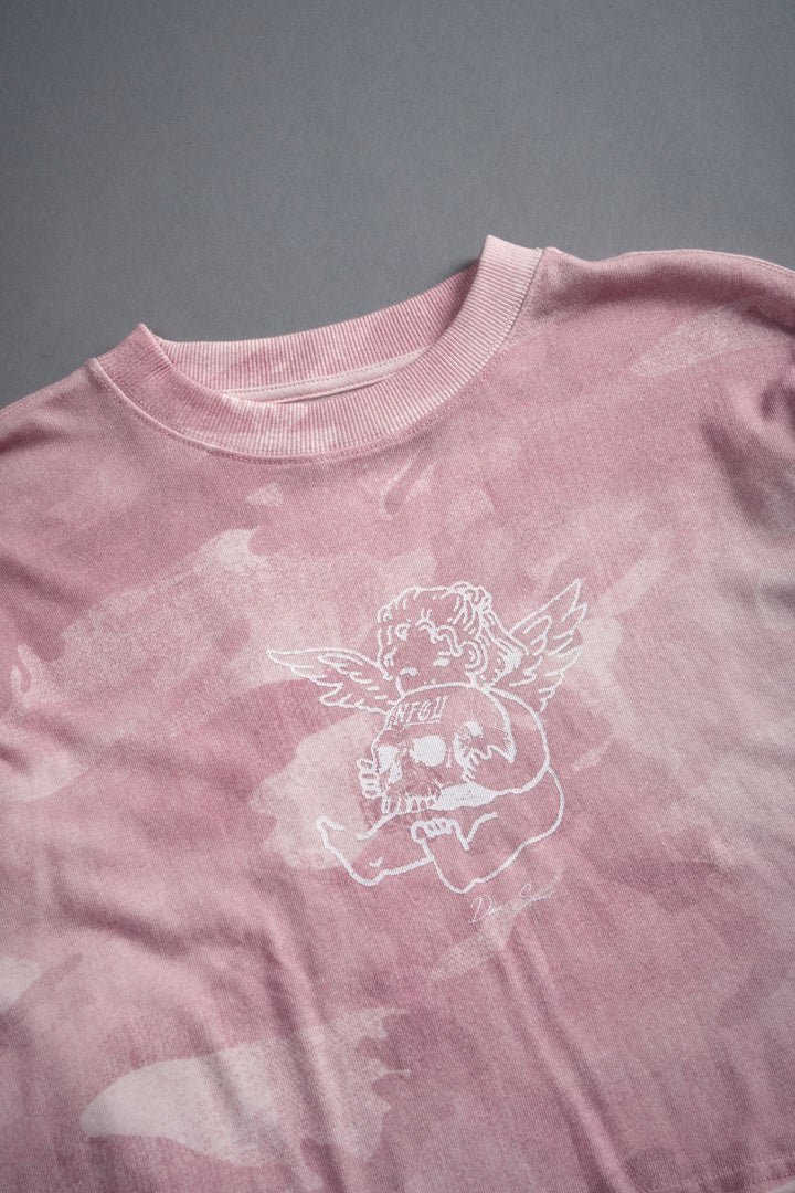 Cherub and the Skull "Premium" Oversized Cropped L/S Tee in Blush Vintage Woodland Camo