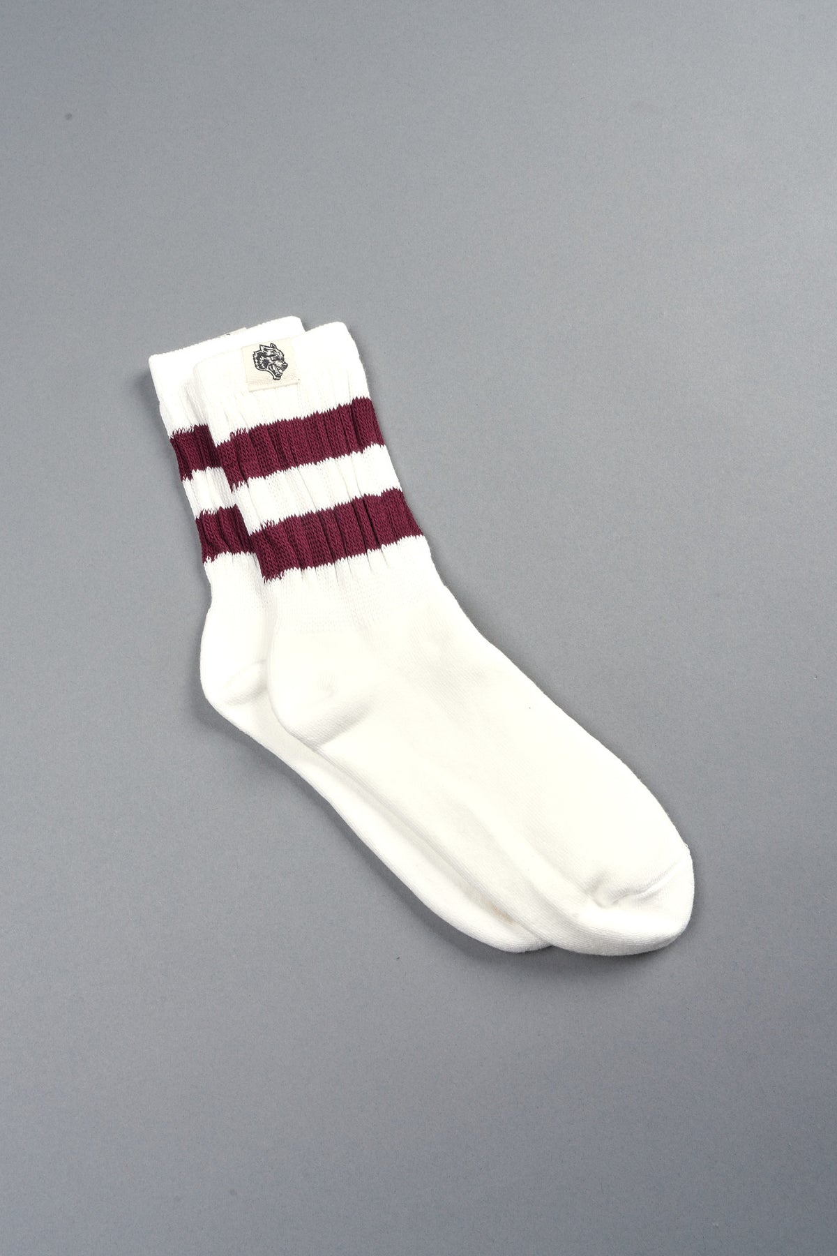 Wolf Patch V2 2 Stripe Comfy Socks in Cream/Oxblood