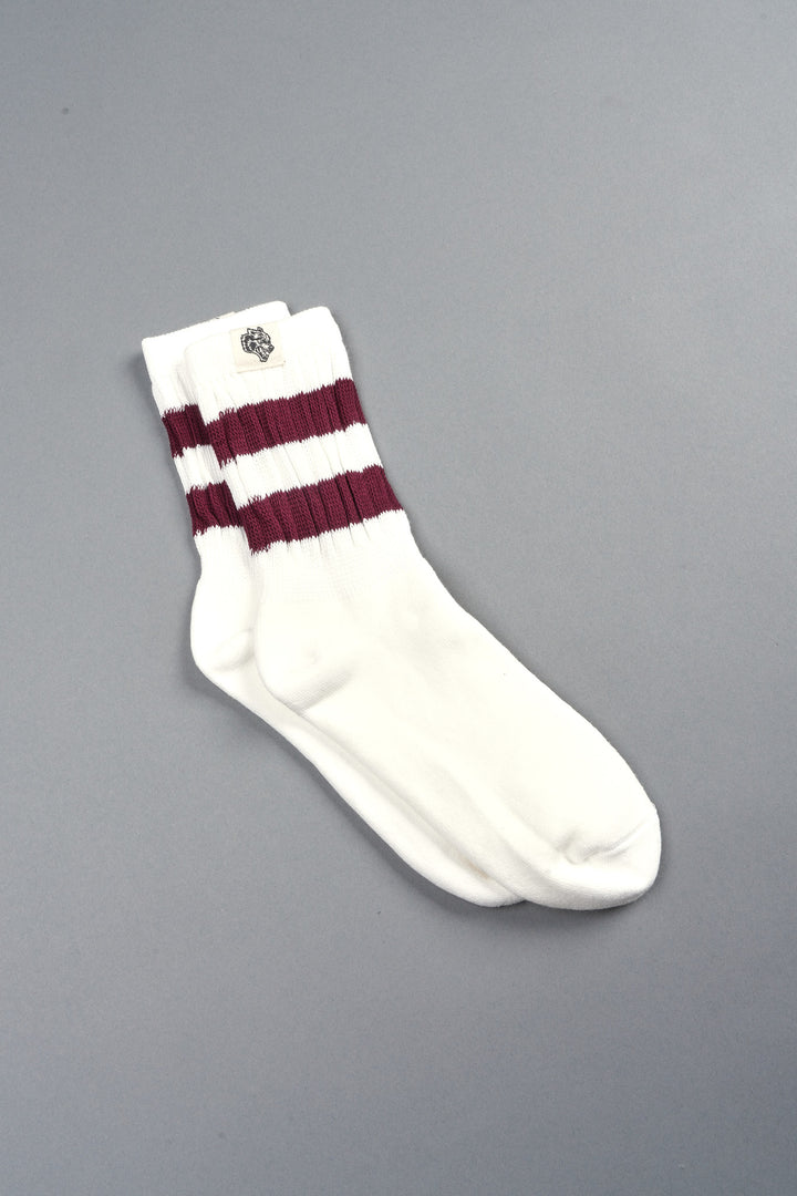 Wolf Patch V2 2 Stripe Comfy Socks in Cream/Oxblood