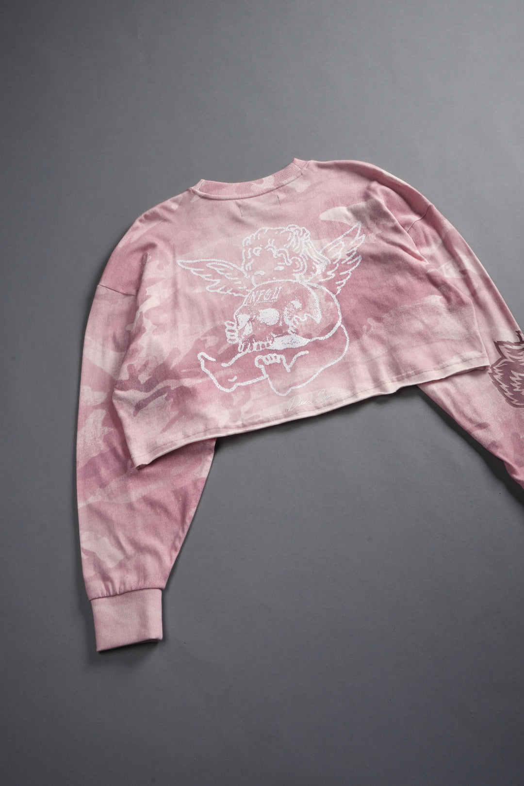Cherub and the Skull "Premium" Oversized Cropped L/S Tee in Blush Vintage Woodland Camo