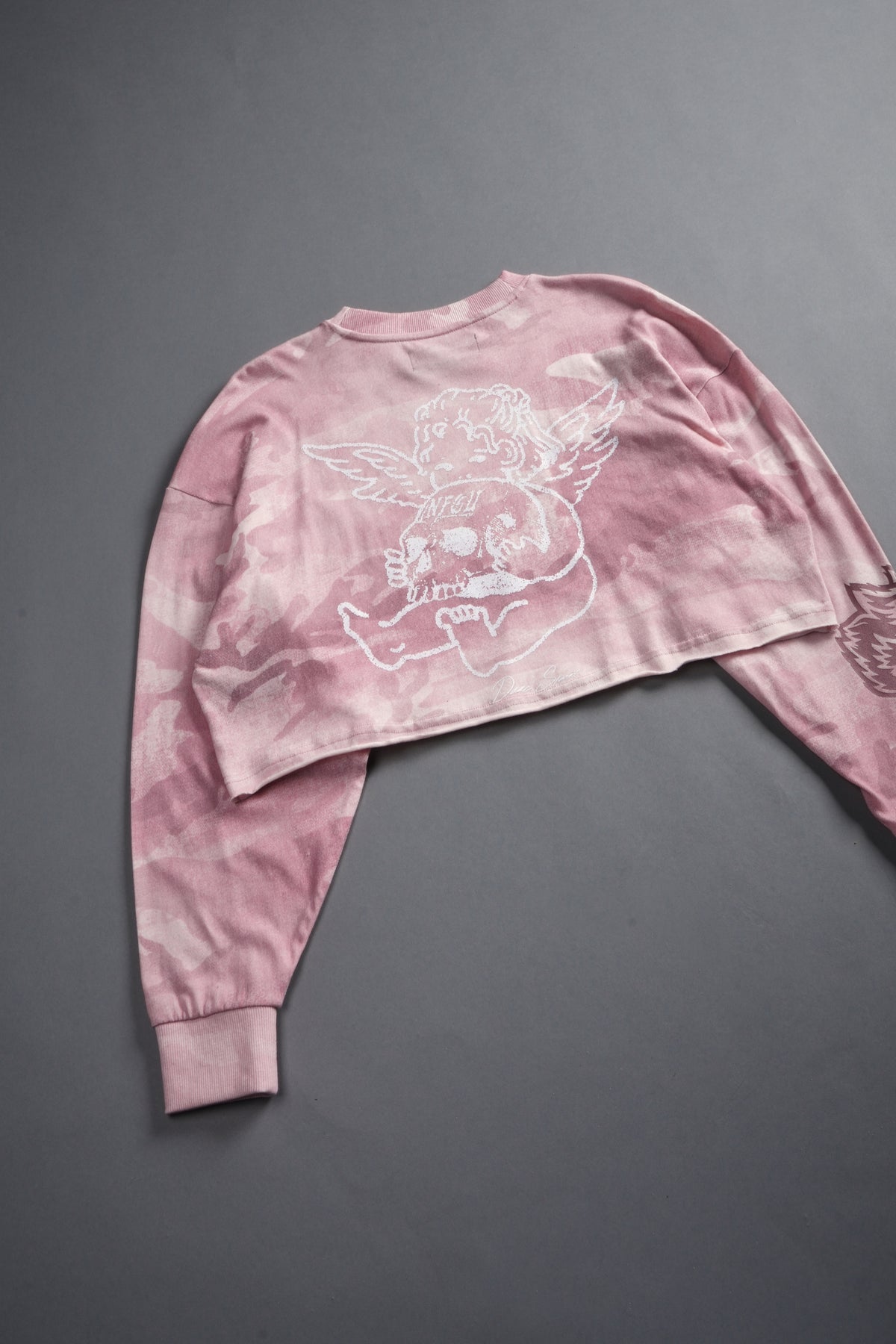 Cherub and the Skull "Premium" Oversized Cropped L/S Tee in Blush Vintage Woodland Camo