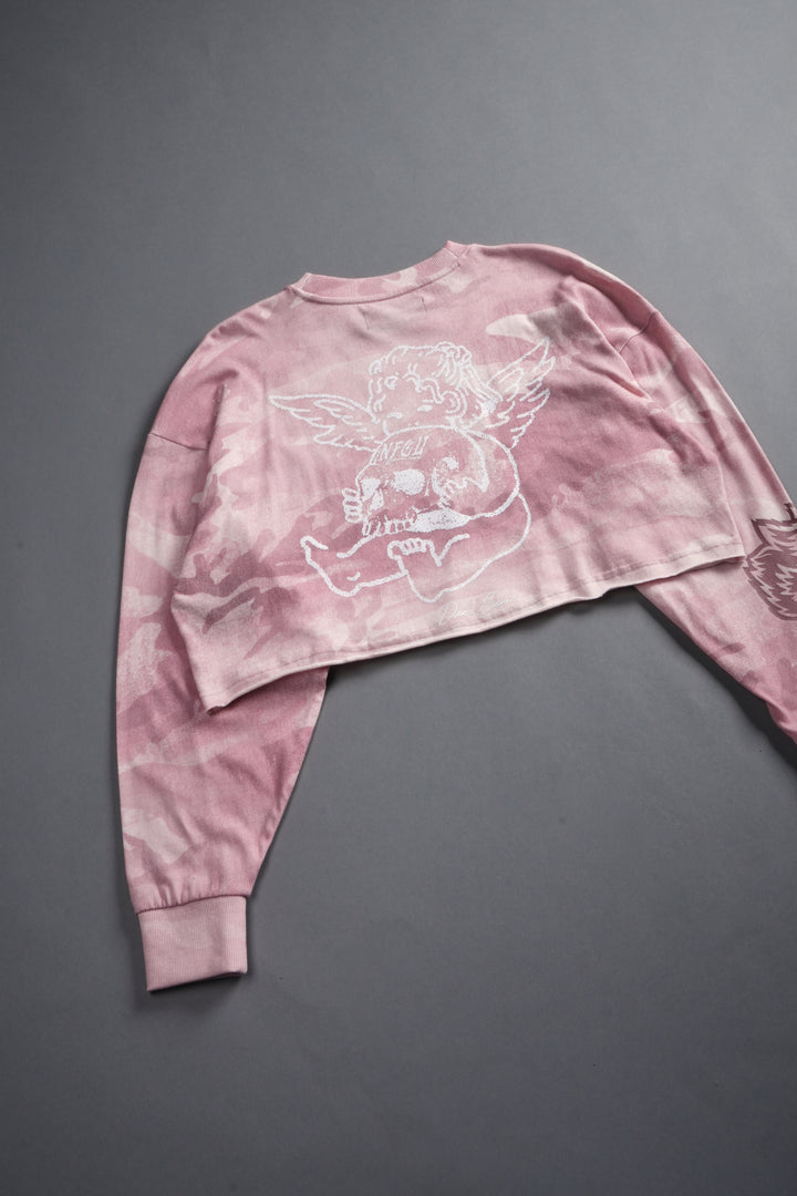 Cherub and the Skull "Premium" Oversized Cropped L/S Tee in Blush Vintage Woodland Camo