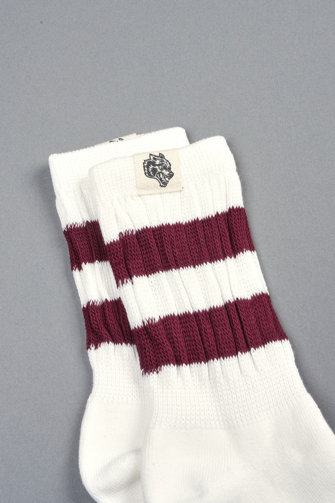 Wolf Patch V2 2 Stripe Comfy Socks in Cream/Oxblood