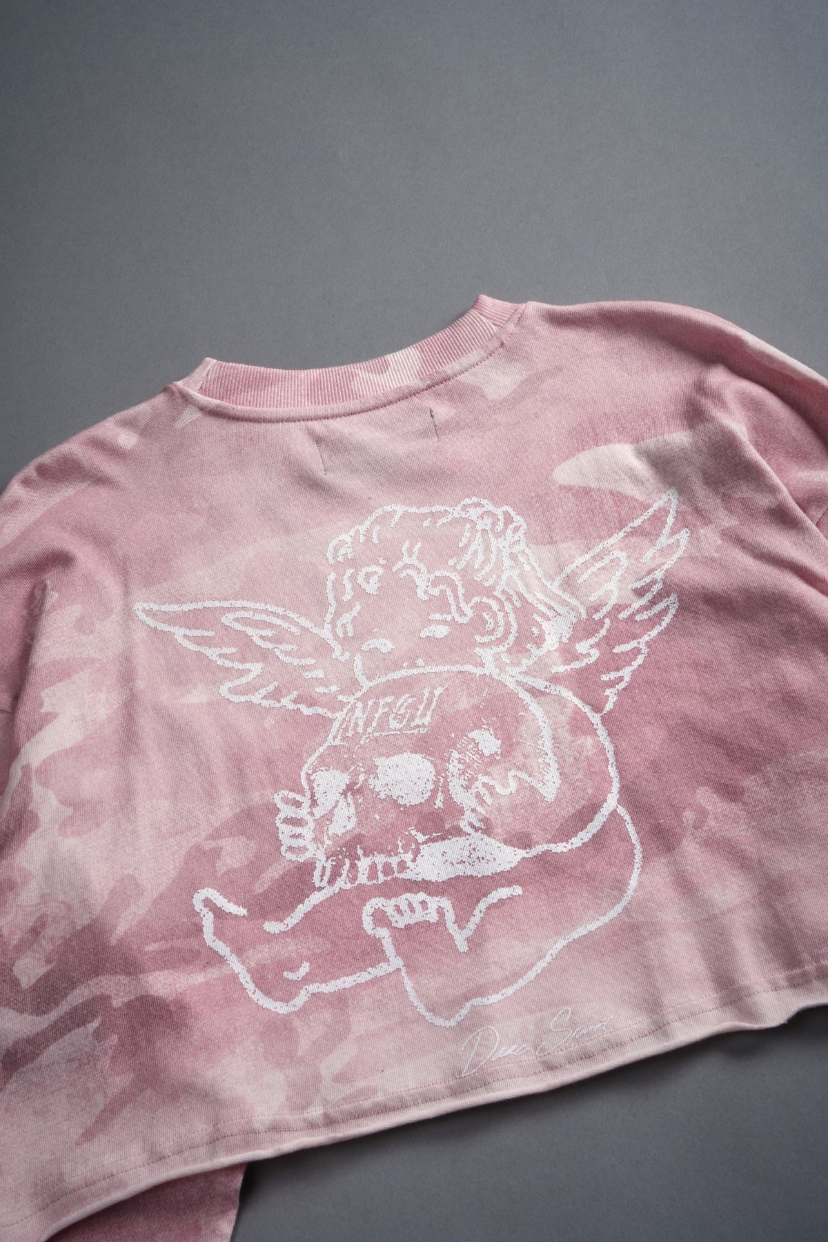 Cherub and the Skull "Premium" Oversized Cropped L/S Tee in Blush Vintage Woodland Camo