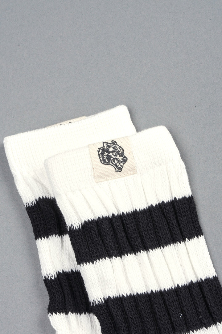 Wolf Patch V2 2 Stripe Comfy Socks in Cream/Black