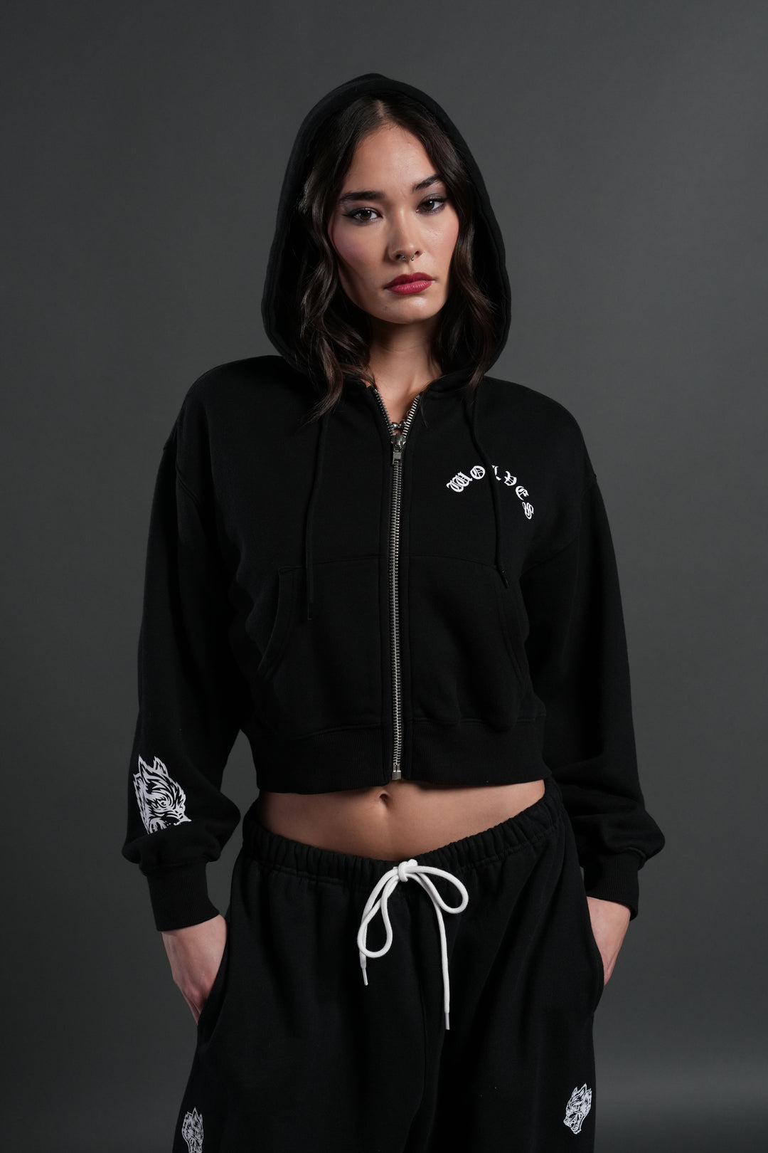Wolf Chopper FRVR "Sage" Cropped Zip Hoodie in Black
