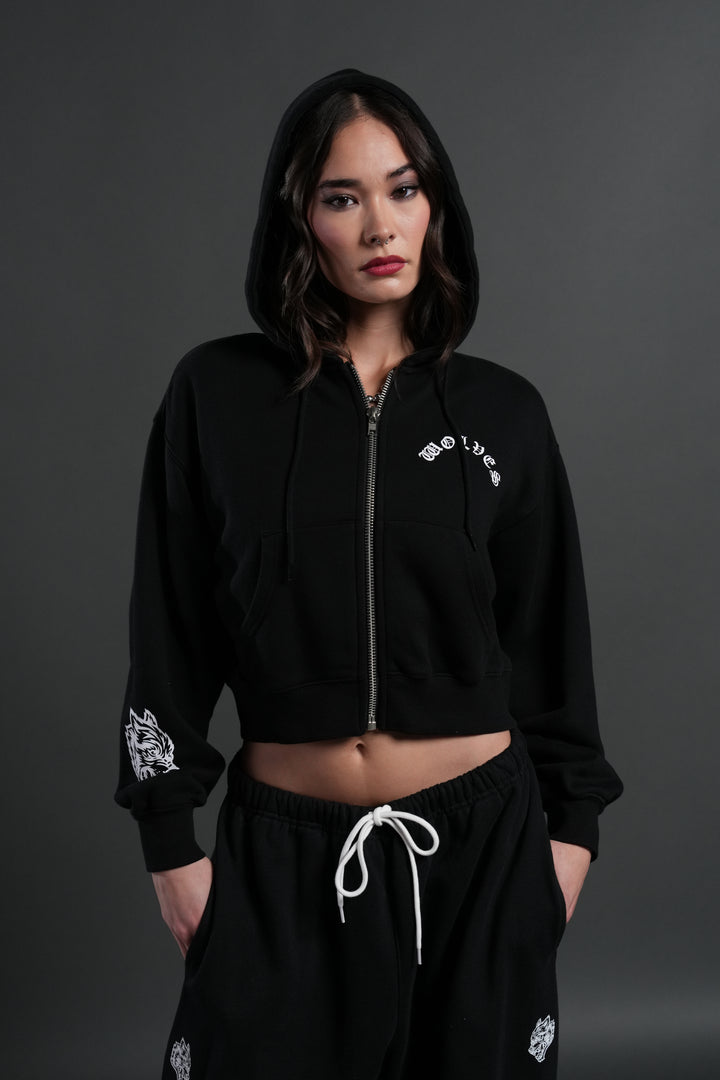 Wolf Chopper FRVR "Sage" Cropped Zip Hoodie in Black
