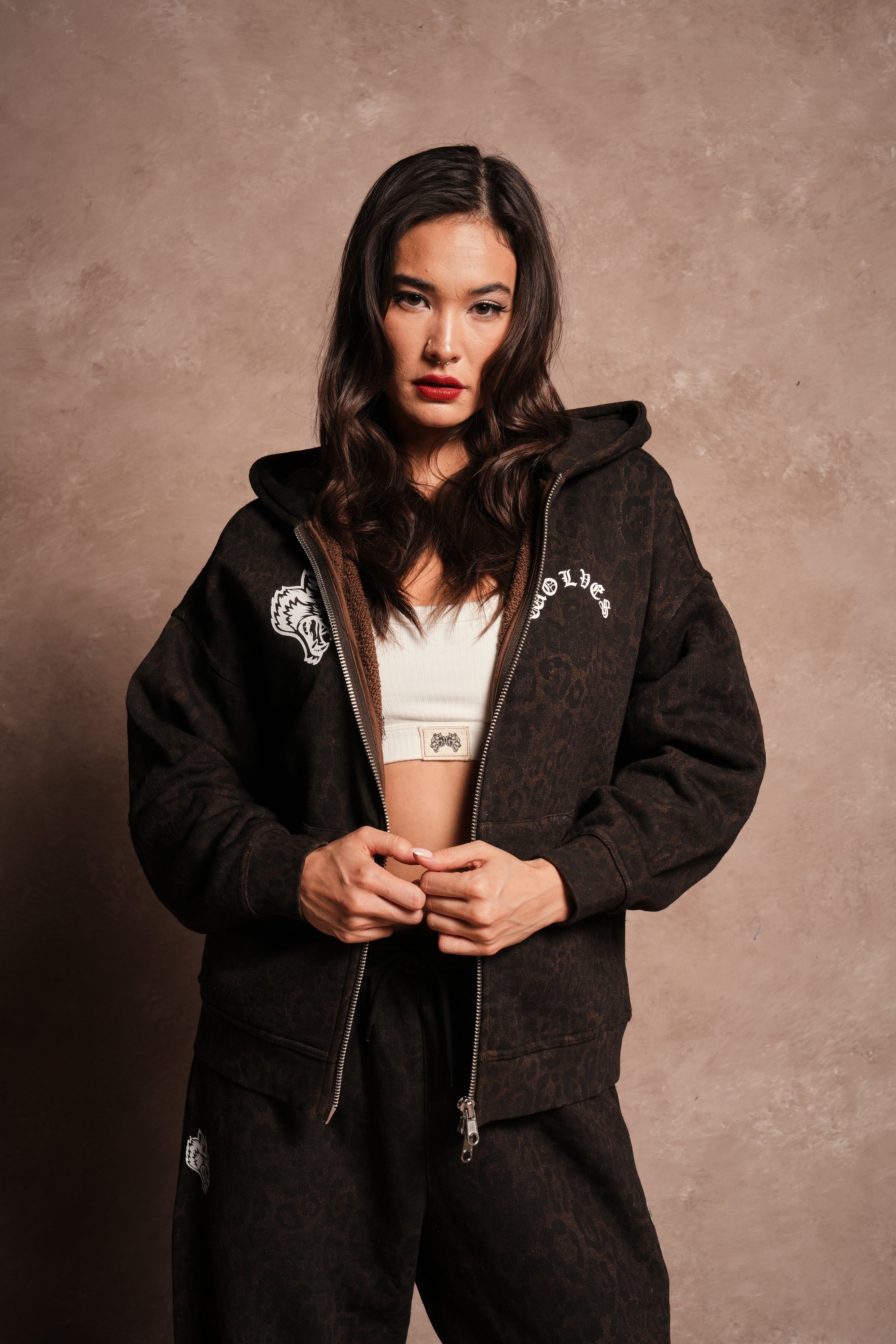Wolves Chopper Anya Premium Double Zip Hoodie in Darc Brown