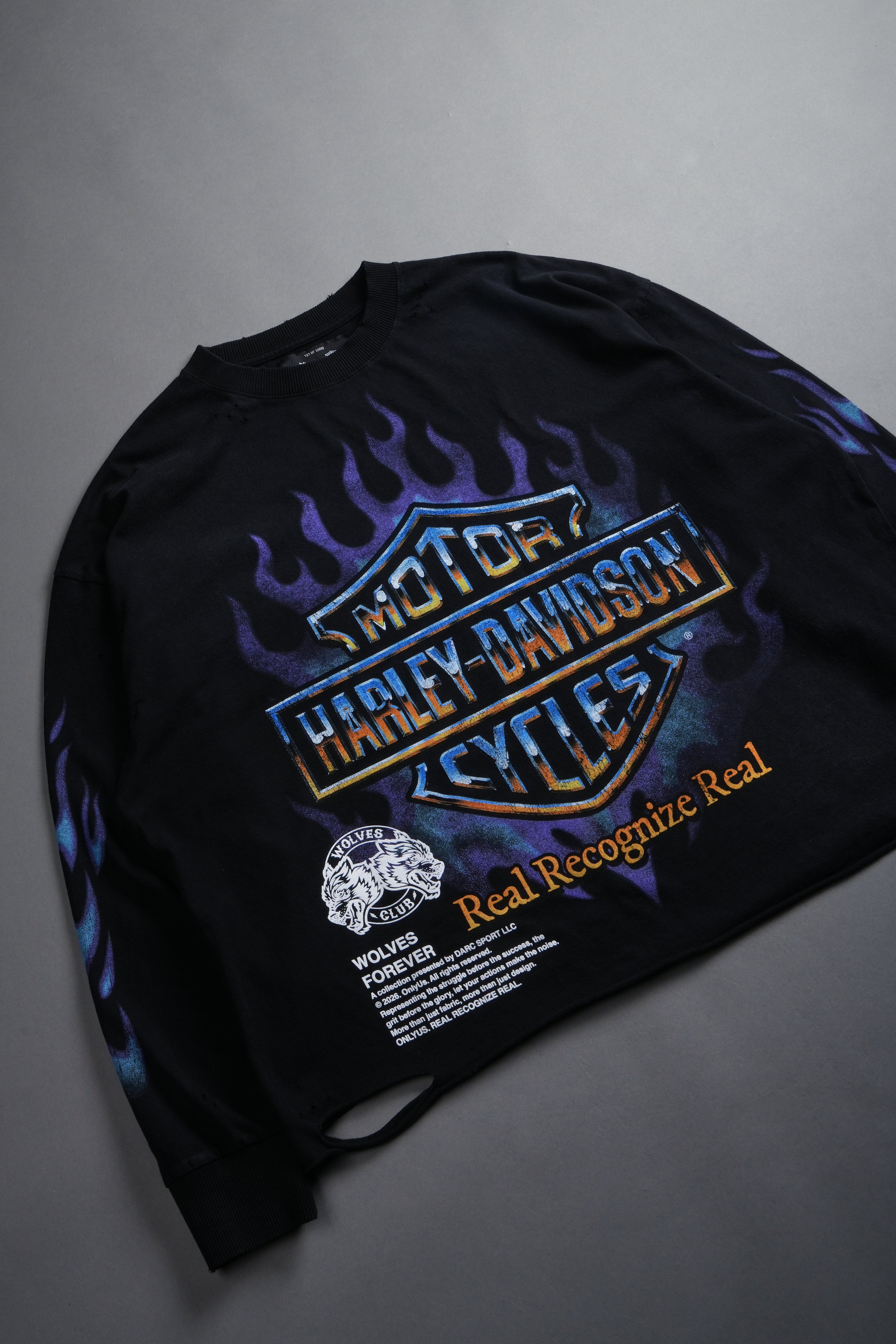 Iron Fire Distressed Grunge "Box Cut" L/S Tee in Black Sun Fade