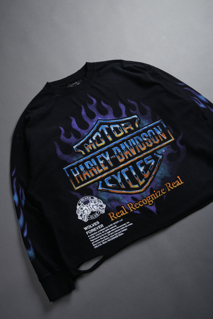 Iron Fire Distressed Grunge "Box Cut" L/S Tee in Black Sun Fade