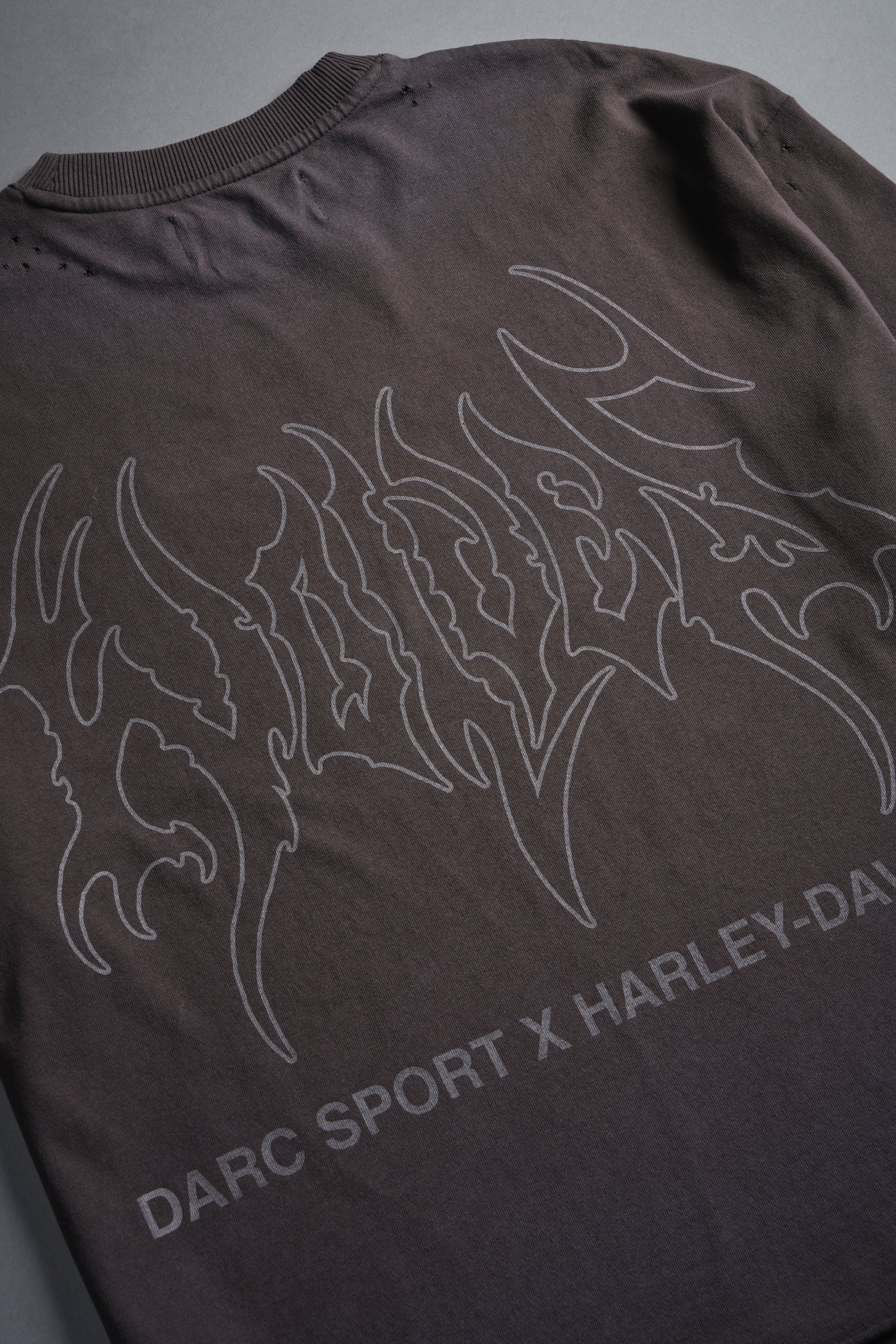 Darc Eagle Distressed Grunge Mid-Length Raw Hem Tee in Darc Brown Drift Wash