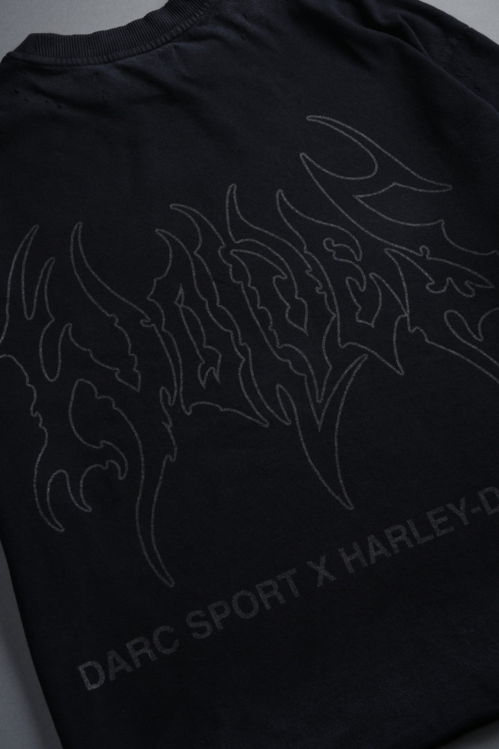 Darc Eagle Distressed Grunge Mid-Length Raw Hem Tee in Black Drift Wash