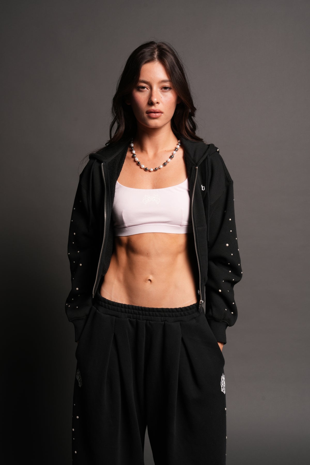 She Pearls Premium Sage Cropped Hoodie In Black