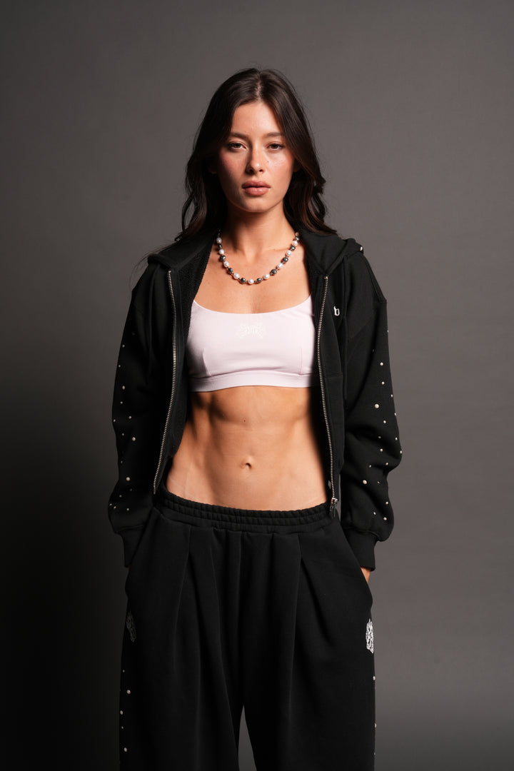 She Pearls Premium Sage Cropped Hoodie In Black