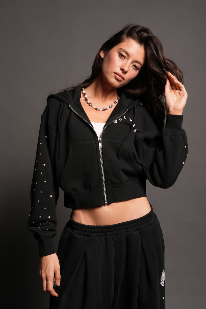She Pearls Premium Sage Cropped Hoodie In Black