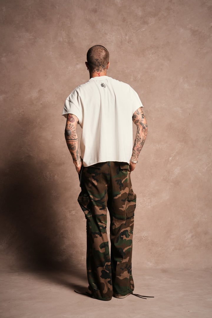 Mickey Mouse Onlyus Distressed Grunge Mid Length Raw Hem Cap Sleeve Tee in Cream