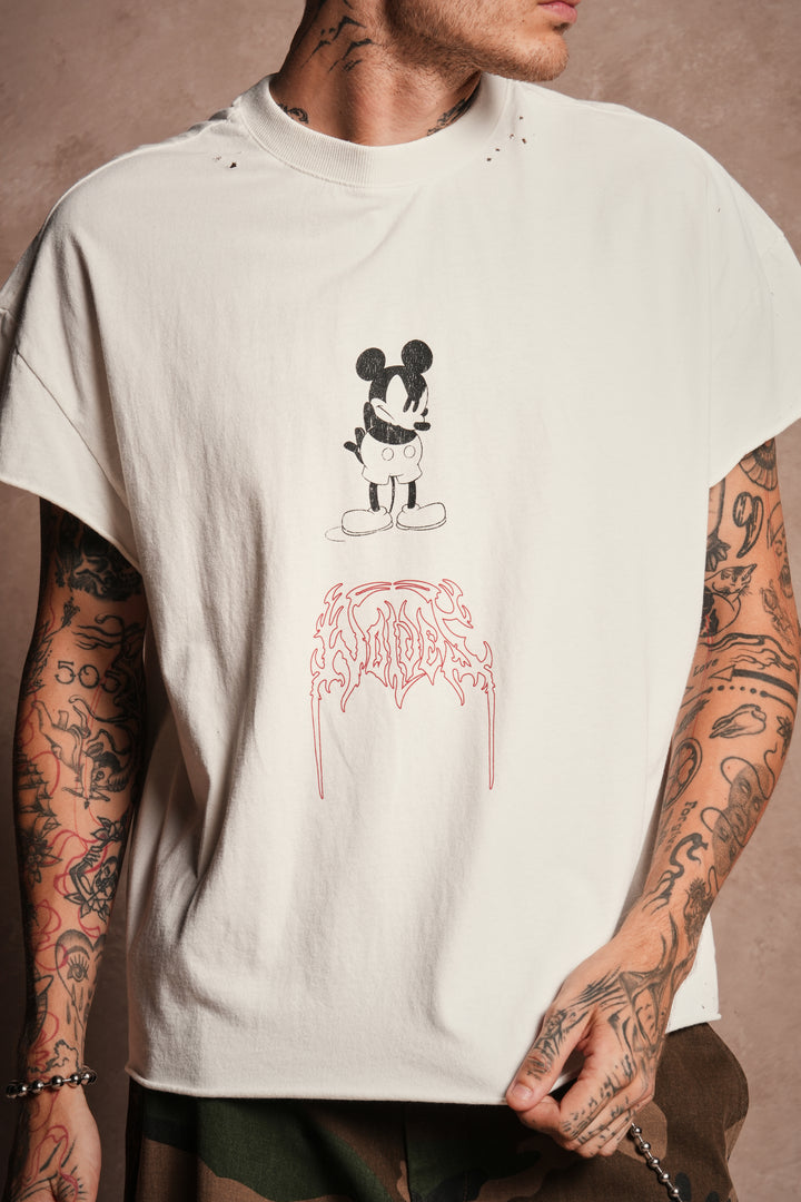 Mickey Mouse Onlyus Distressed Grunge Mid Length Raw Hem Cap Sleeve Tee in Cream