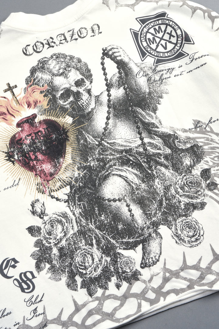 Angelito Muerto Premium Raw Hem Box Cut Tee In Cream