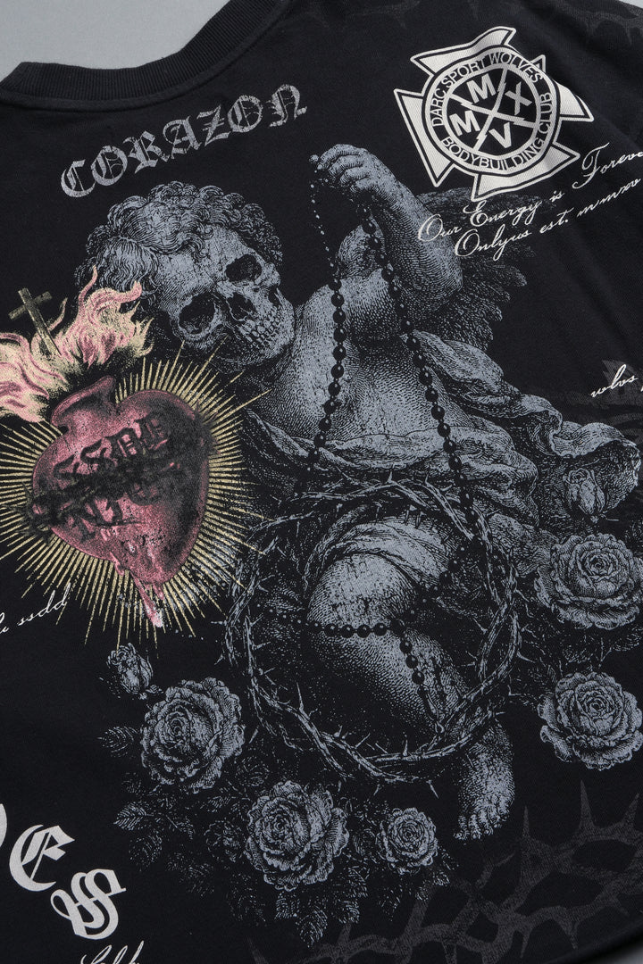 Angelito Muerto Premium Raw Hem Box Cut Tee In Black
