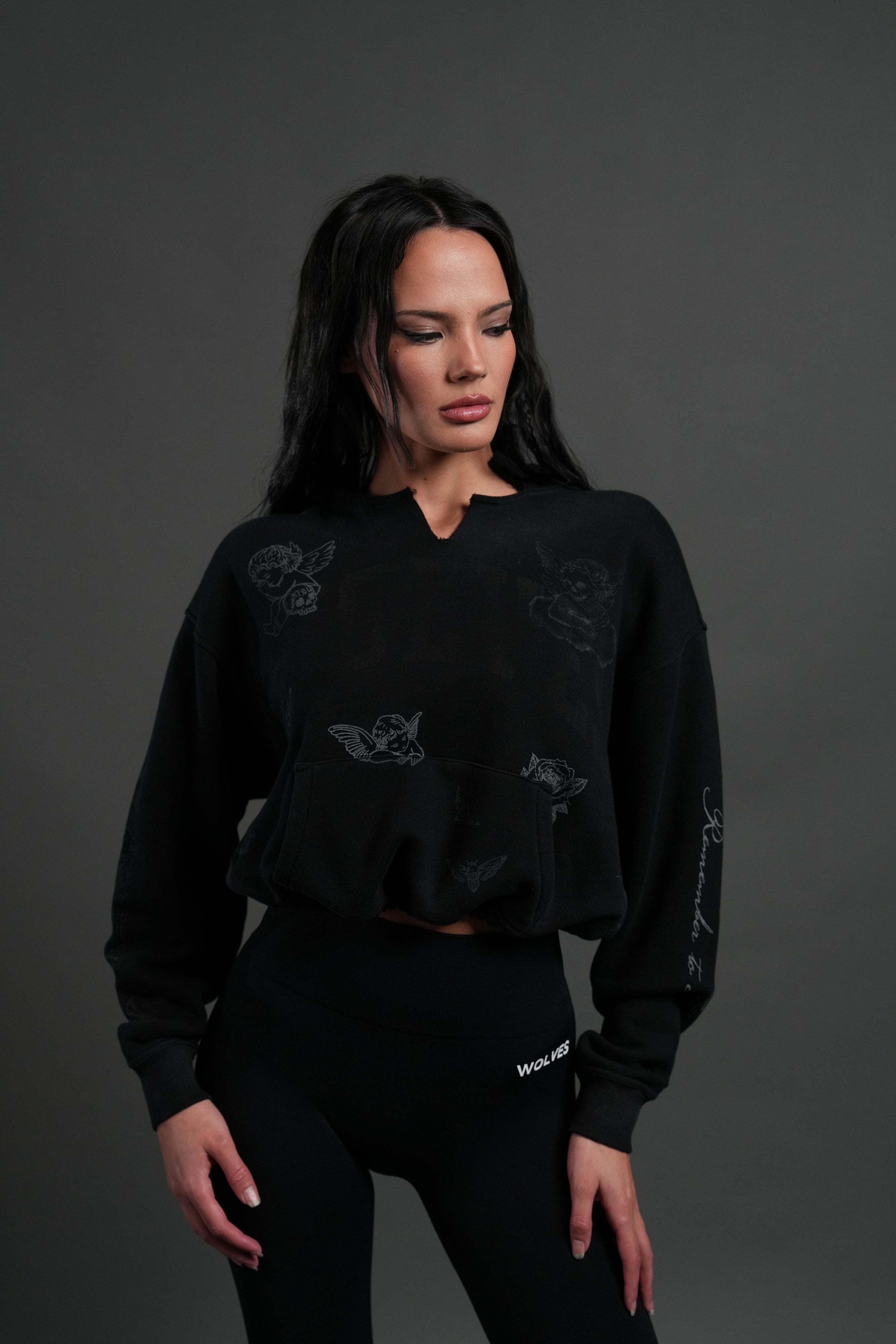 Fallen Cherub "Dempsey" Cropped Hoodie in Black Drift Wash