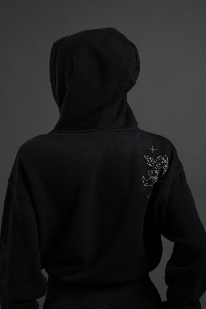 Fallen Cherub "Dempsey" Cropped Hoodie in Black Drift Wash