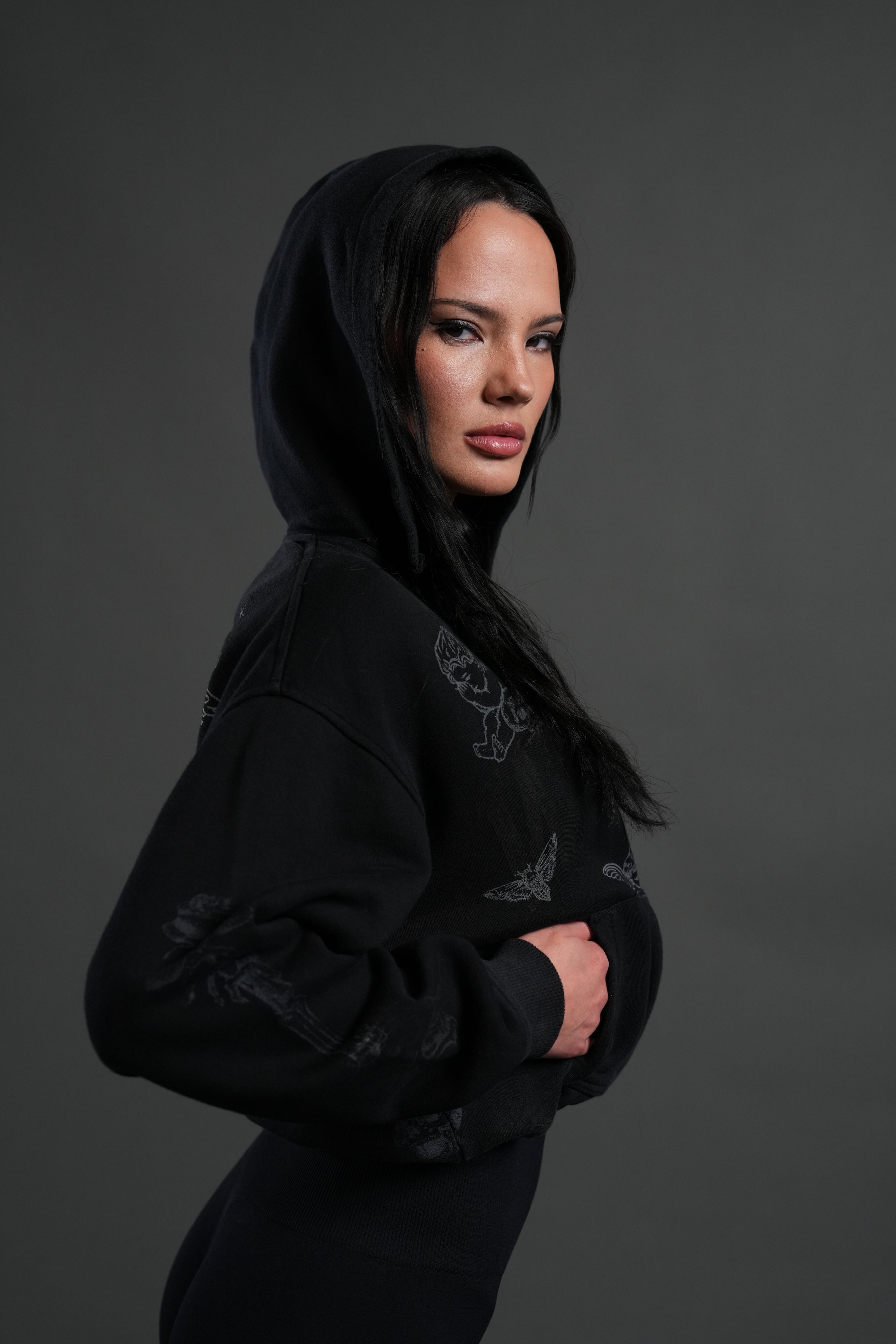 Fallen Cherub "Dempsey" Cropped Hoodie in Black Drift Wash