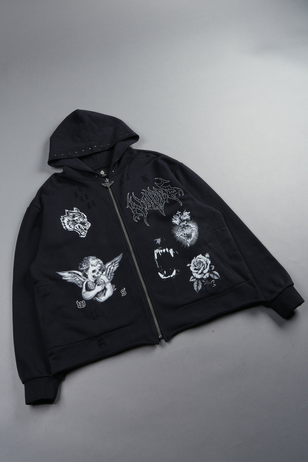 Darc Heaven Distressed Grunge Mid Length Raw Hem Zip Hoodie In Black