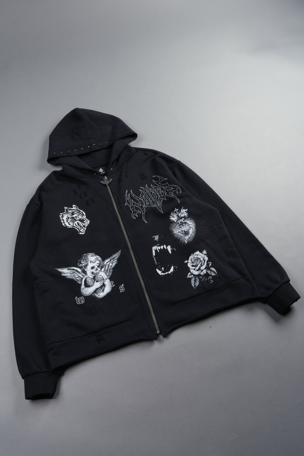 Darc Heaven Distressed Grunge Mid Length Raw Hem Zip Hoodie In Black