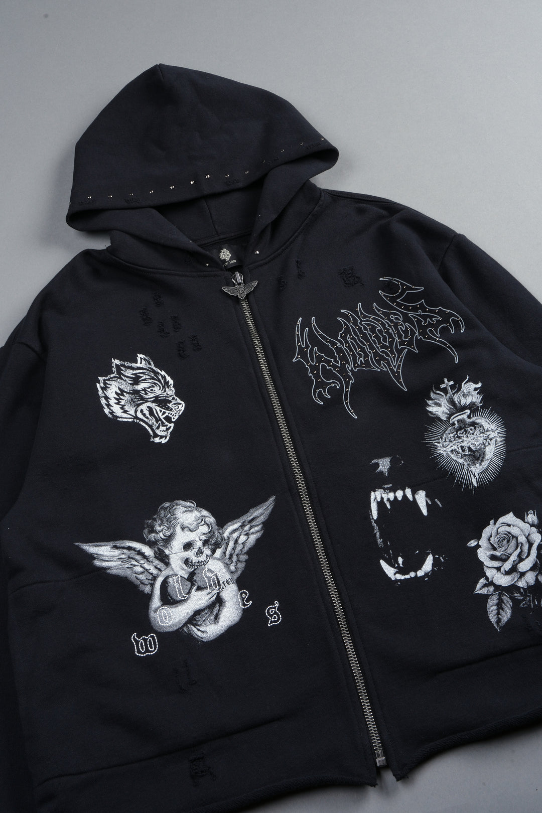 Darc Heaven Distressed Grunge Mid Length Raw Hem Zip Hoodie In Black