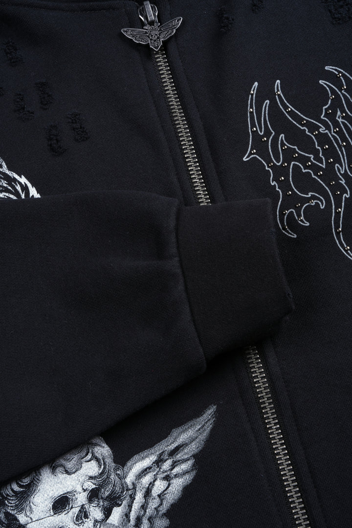 Darc Heaven Distressed Grunge Mid Length Raw Hem Zip Hoodie In Black