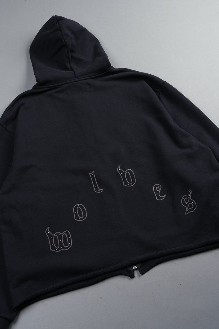 Darc Heaven Distressed Grunge Mid Length Raw Hem Zip Hoodie In Black
