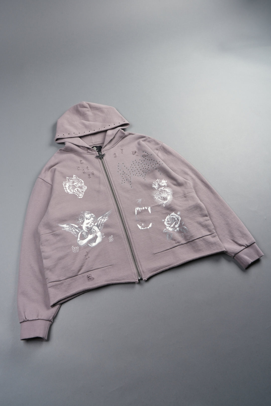 Darc Heaven Distressed Grunge Mid Length Raw Hem Zip Hoodie In Pale Gray