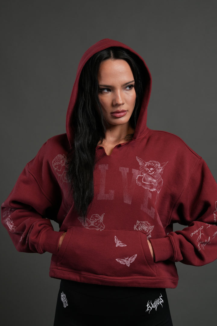Fallen Cherub "Dempsey" (Cropped) Hoodie in Cherry Red