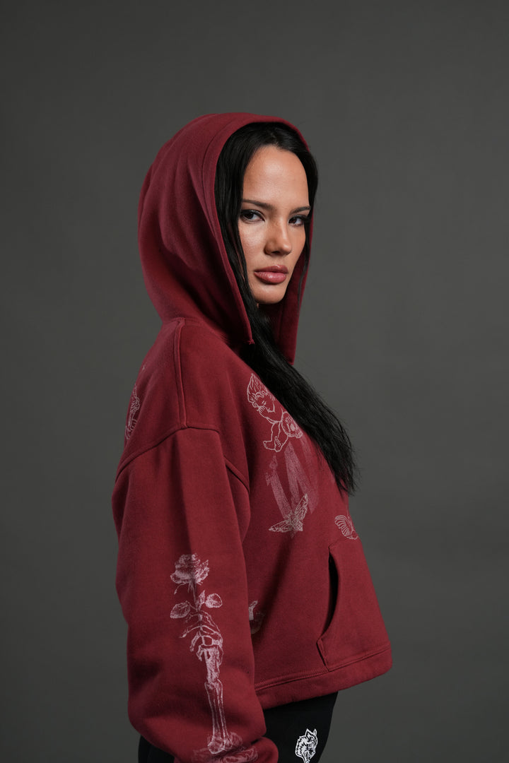 Fallen Cherub "Dempsey" (Cropped) Hoodie in Cherry Red