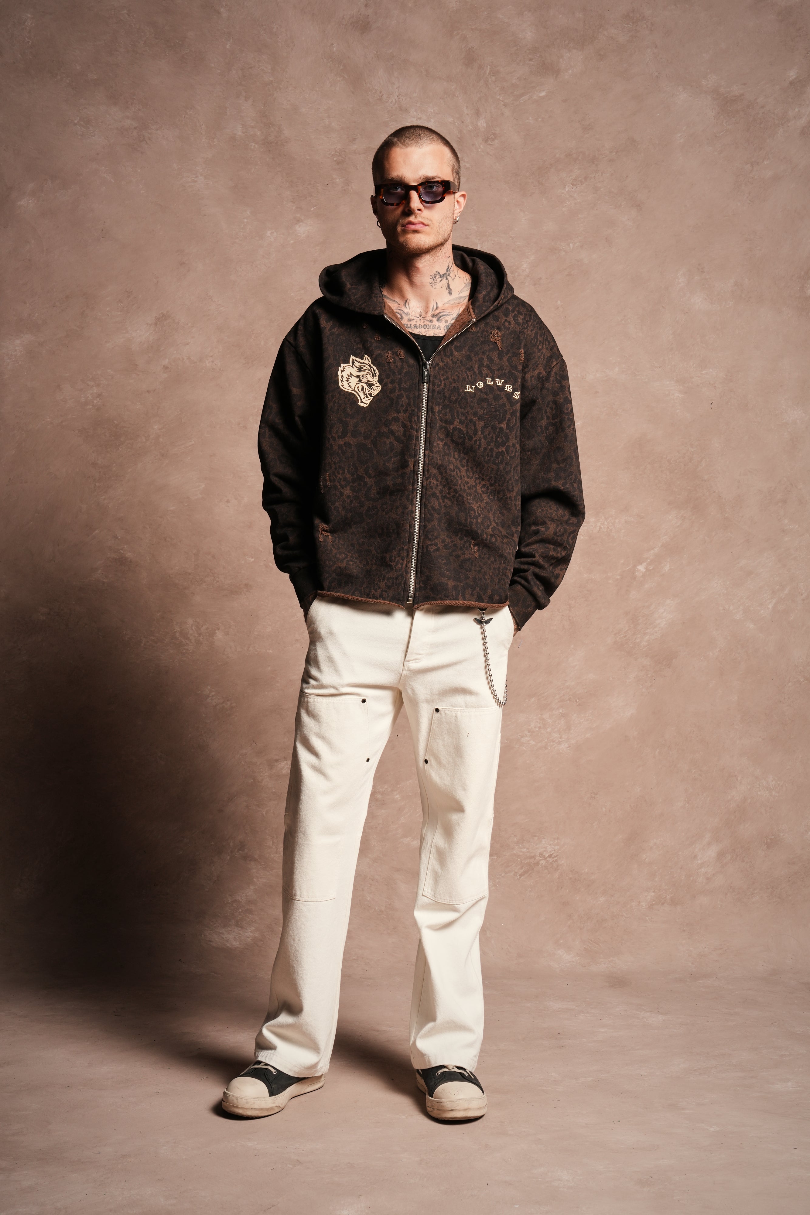 Mickey Mouse Pyramid Distressed Grunge Mid Length Raw Hem Zip Hoodie in Darc Brown Leopard