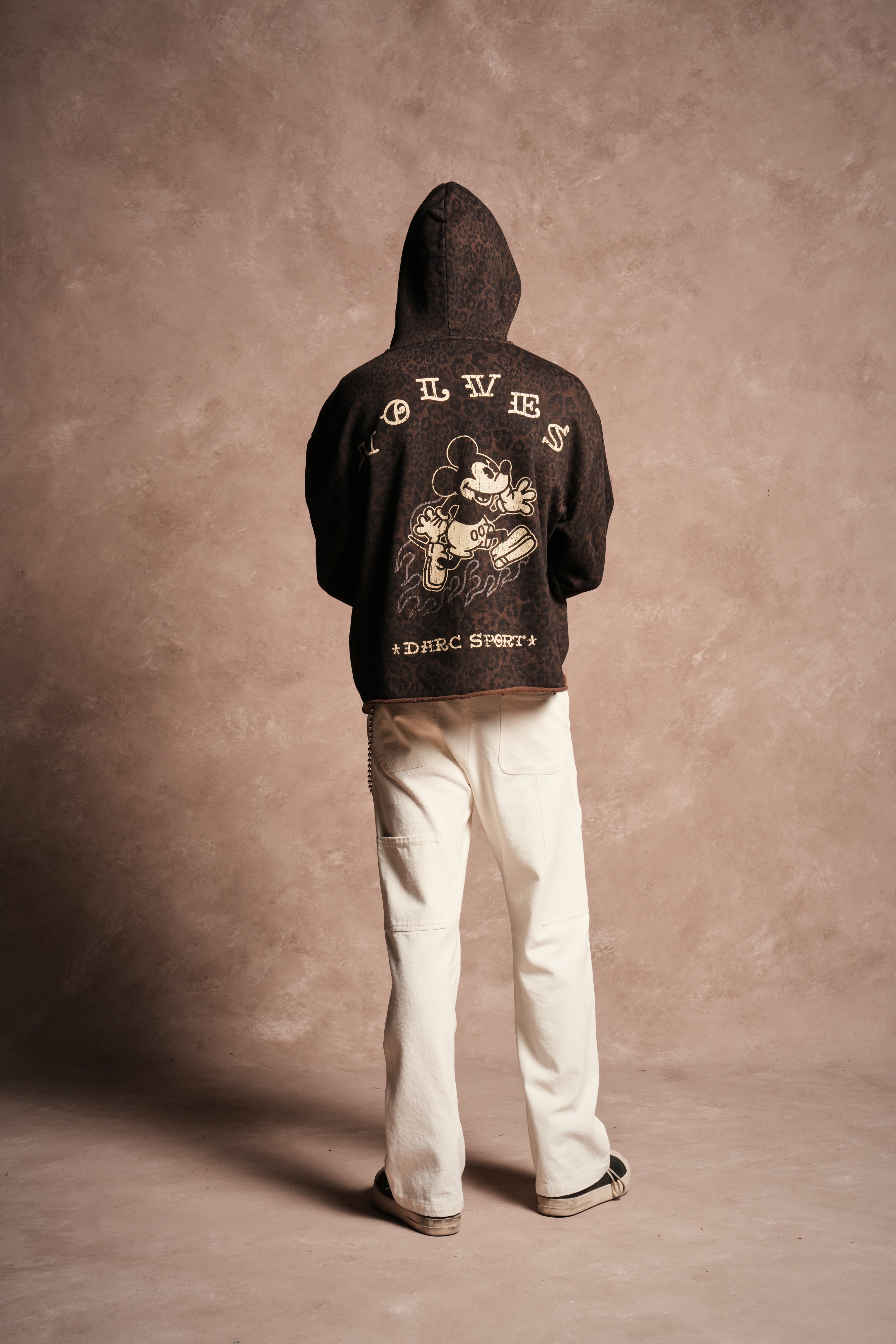 Mickey Mouse Pyramid Distressed Grunge Mid Length Raw Hem Zip Hoodie in Darc Brown Leopard